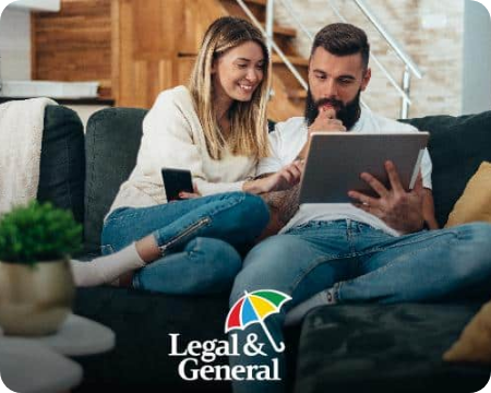 A couple sit on a sofa in conversation looking at a laptop and the logo for Legal & General is shown