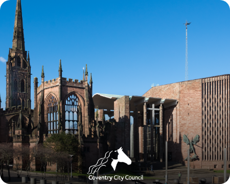 Coventry cathedral with the Coventry City Council logo in front