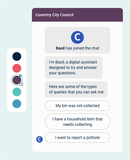 Illustration shows a chat window for the Coventry City Council AI assistant. A human administrator is changing the colour of the chat window banner to purple. which matches their website branding.