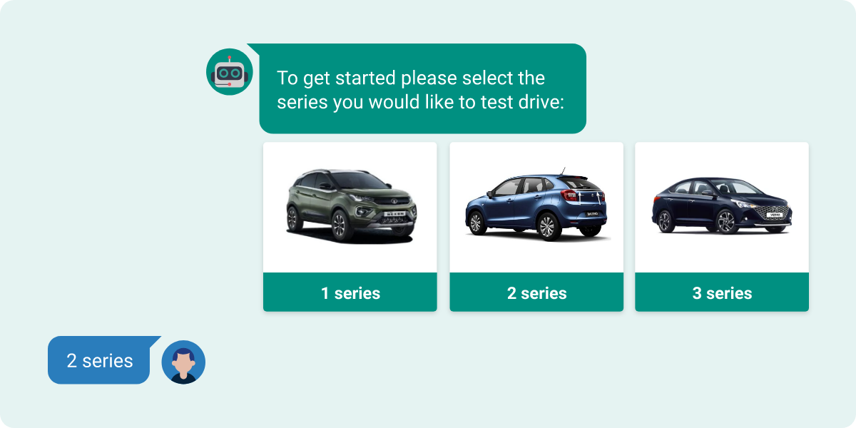 Chat window with an AI assistant asking the customer which series of car they would like to test drive, with images of the cars and selection buttons included