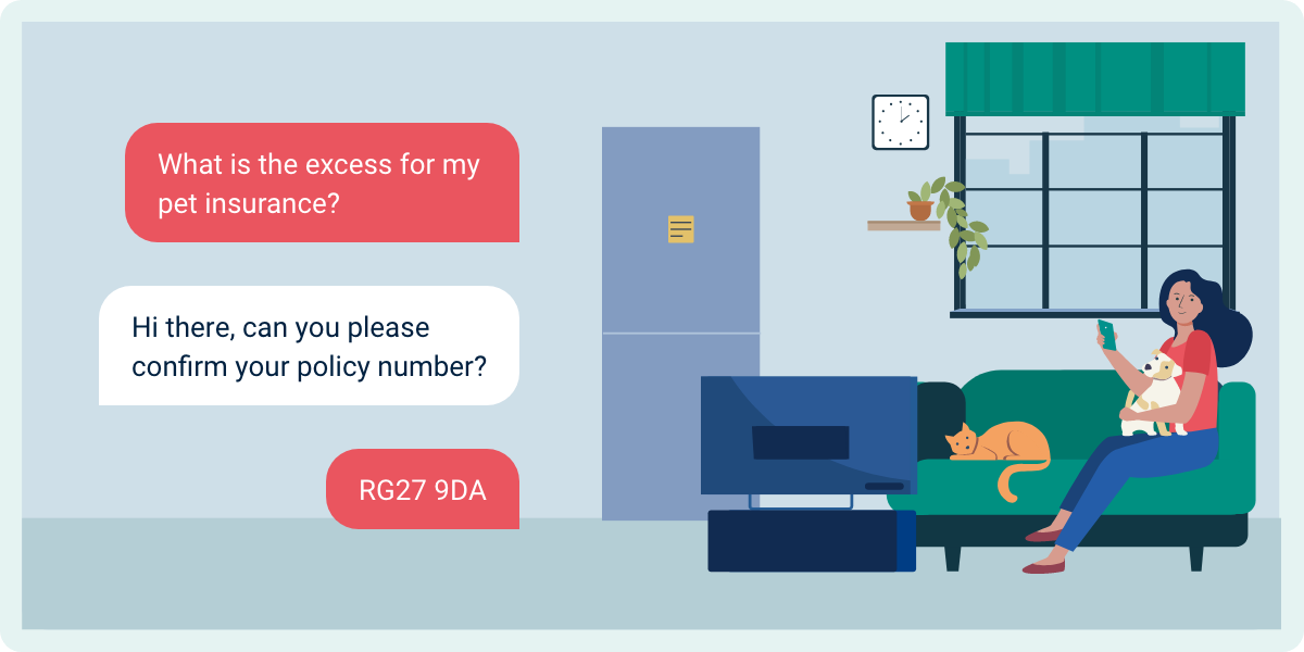 A woman sits on a sofa with a dog on her lap and a cat nearby. She chats with an AI chatbot on her phone: 