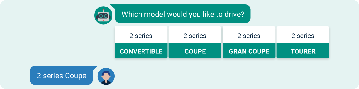 Chat window with an AI assistant asking the customer which model of car they would like to test drive