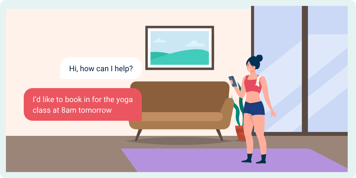 A young woman is at home in casual gym wear, chatting with an AI chatbot on her phone: 