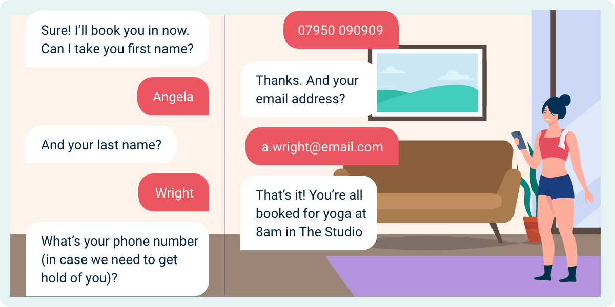 A young woman is at home in casual gym wear, chatting with an AI chatbot on her phone: 