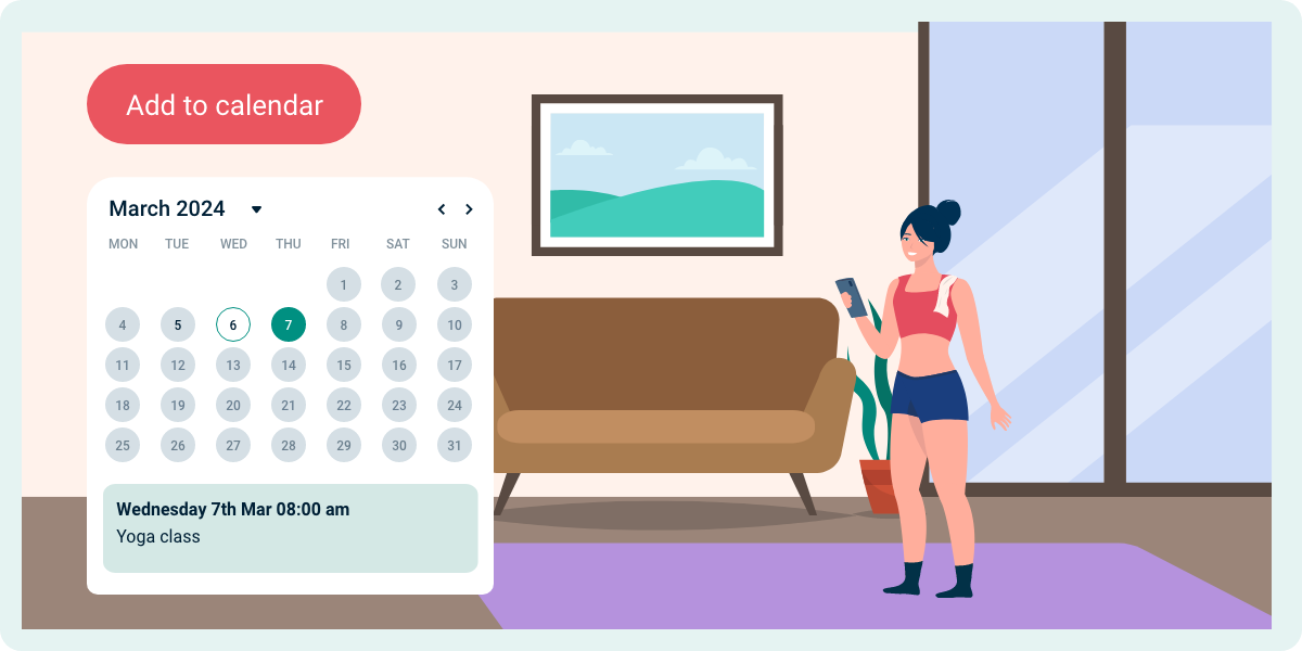A young woman is at home in casual gym wear, chatting with an AI chatbot on her phone. An online calendar is showing on her screen, ready to add a gym booking to her diary.
