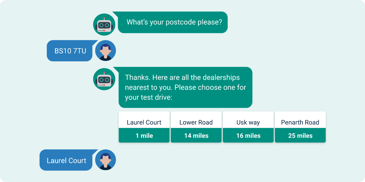 The AI assistant asks the customer for their postcode and then shows them 4 addresses for garages alongside how far away they are, so the customer can choose their preferred centre