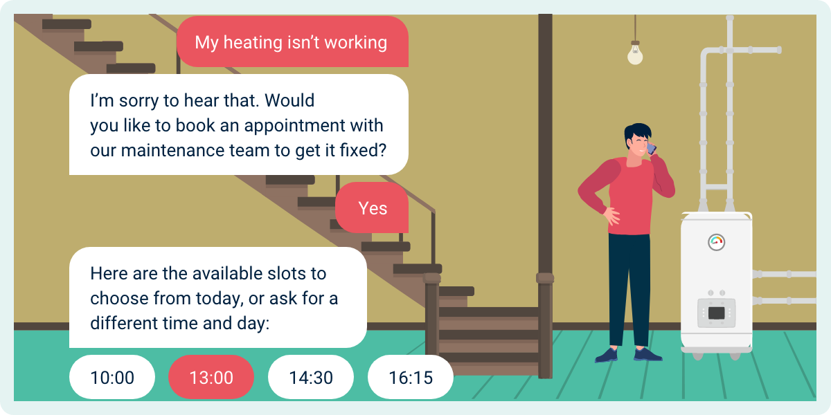 A man stands in his basement next to the boiler at the bottom of some stairs. He chats with an AI assistant on his phone: 