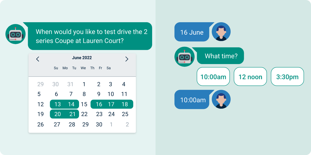 The AI assistant shows the customer a calendar, so they can choose a date for their test drive and then goes on to ask them what time is most suitable. They select from a series of buttons.