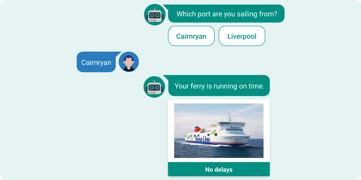The AI assistant confirms travel details with the customer to answer their question about whether or not their ferry is on time: 